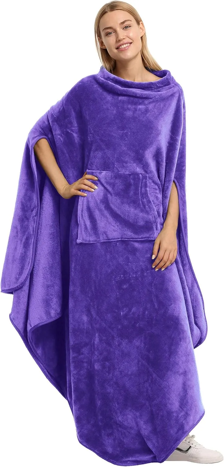 Catalonia Fleece Wearable Blanket Poncho for Adult Women Men, Travel Wrap Blanket Cape with Pocket |Warm, Soft, Cozy, Snuggly, Comfort Gift, No Sleeves|All Season, Purple