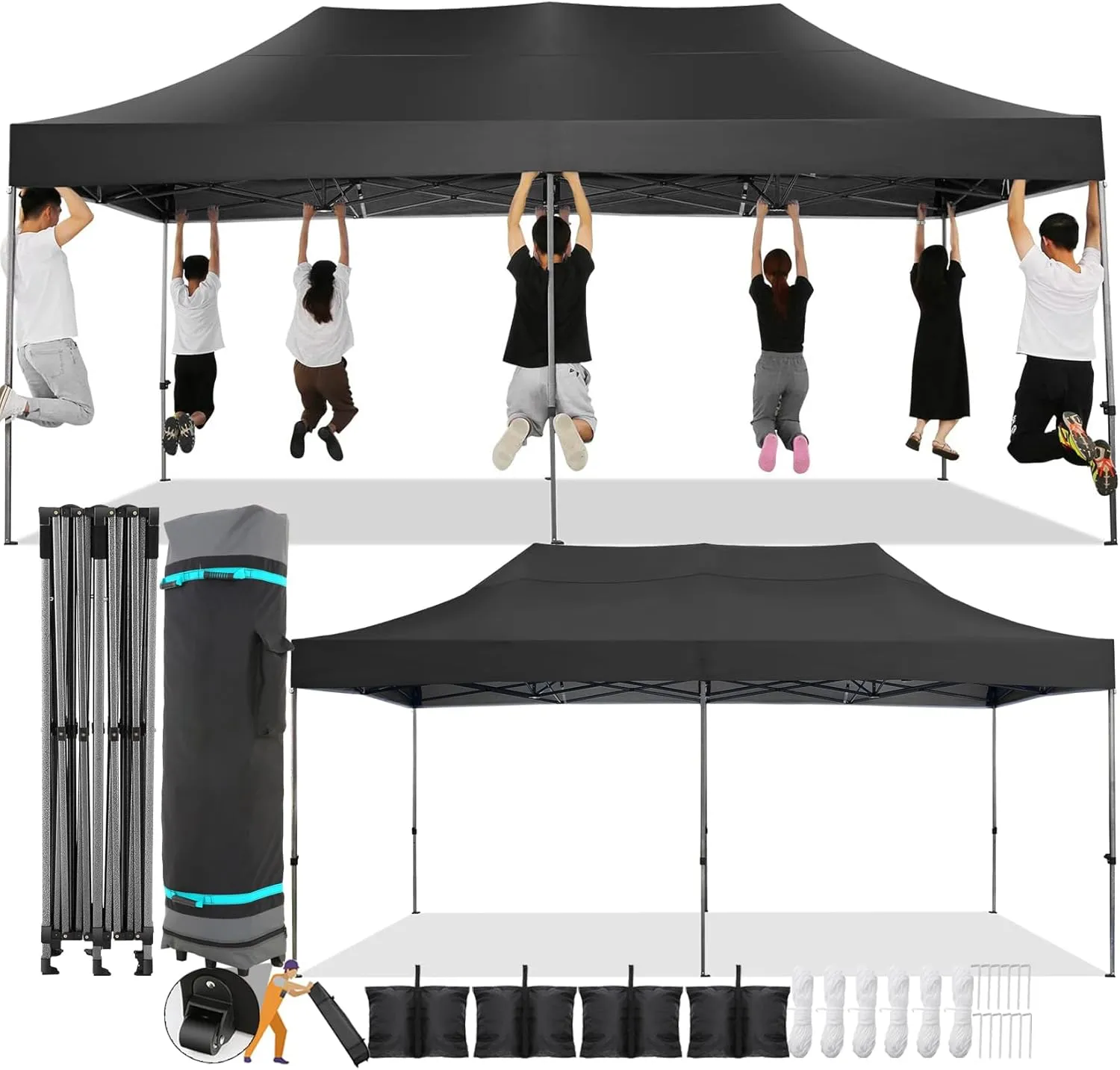 COBIZI 10x20 Pop Up Canopy Without Sidewall,Heavy Duty Canopy UPF 50  All Season Wind Waterproof Commercial Outdoor Wedding Party Tents for Parties Canopy Gazebo with Roller Bag(10 x 20 ft Black)