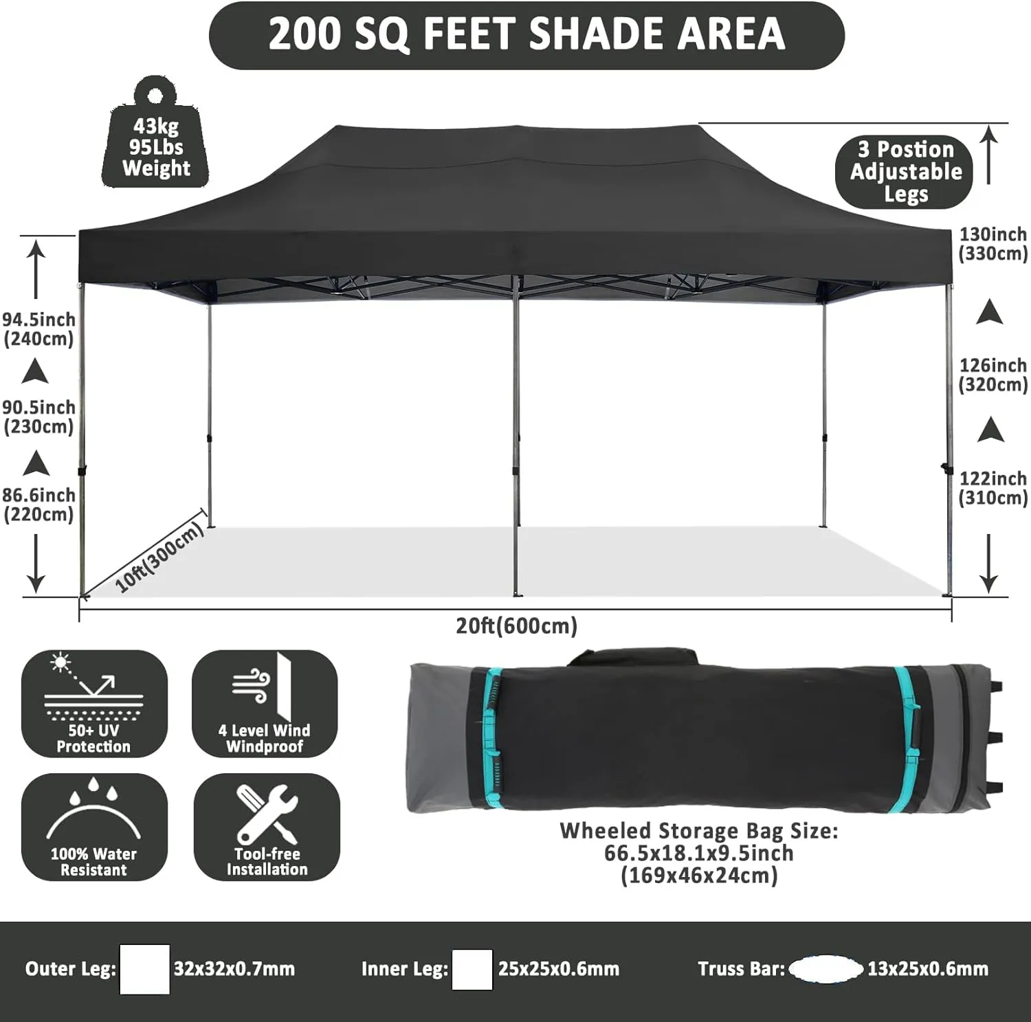 COBIZI 10x20 Pop Up Canopy Without Sidewall,Heavy Duty Canopy UPF 50  All Season Wind Waterproof Commercial Outdoor Wedding Party Tents for Parties Canopy Gazebo with Roller Bag(10 x 20 ft Black)