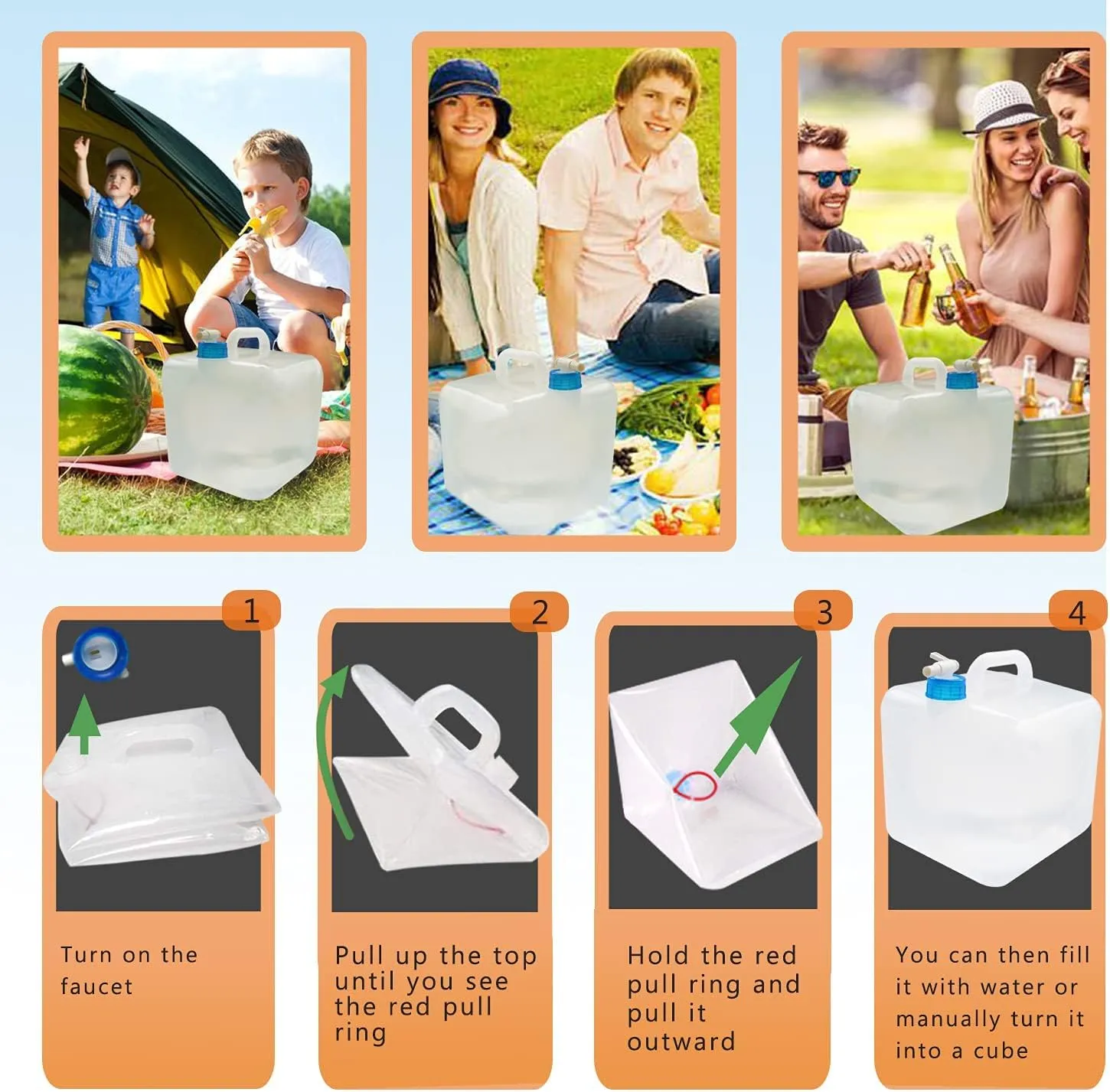 Collapsible Water Container with Spigot, Camping Water Storage Carrier Jug BPA-Free for Outdoors Hiking Backpack & Survival Kit, Foldable Portable Canteen 1.3/2.6/3.9/5.3 Gallon (5.3 Gallon, 2-pack)