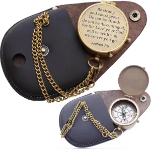 Collectibles Gallery Handmade Brass Compass with Leather case | Small Pocket Compass | Material- Brass (Be Strong and Courageous Brass Engraved Compass)