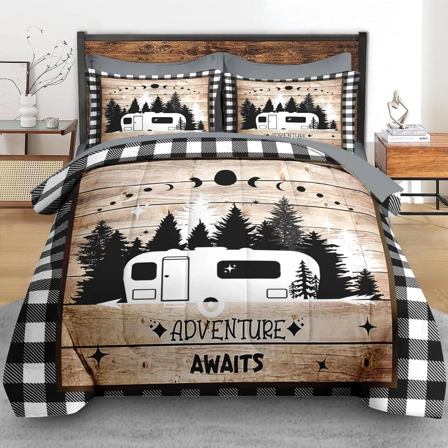 Comforter Set Twin Size, Camping Camper Rv 5 Pcs Bedding for Kids and Adults, Truck Car Family Bed Sheet Sets with Fitted Sheet Pillowcase & Sham for Bedroom Bed Decor