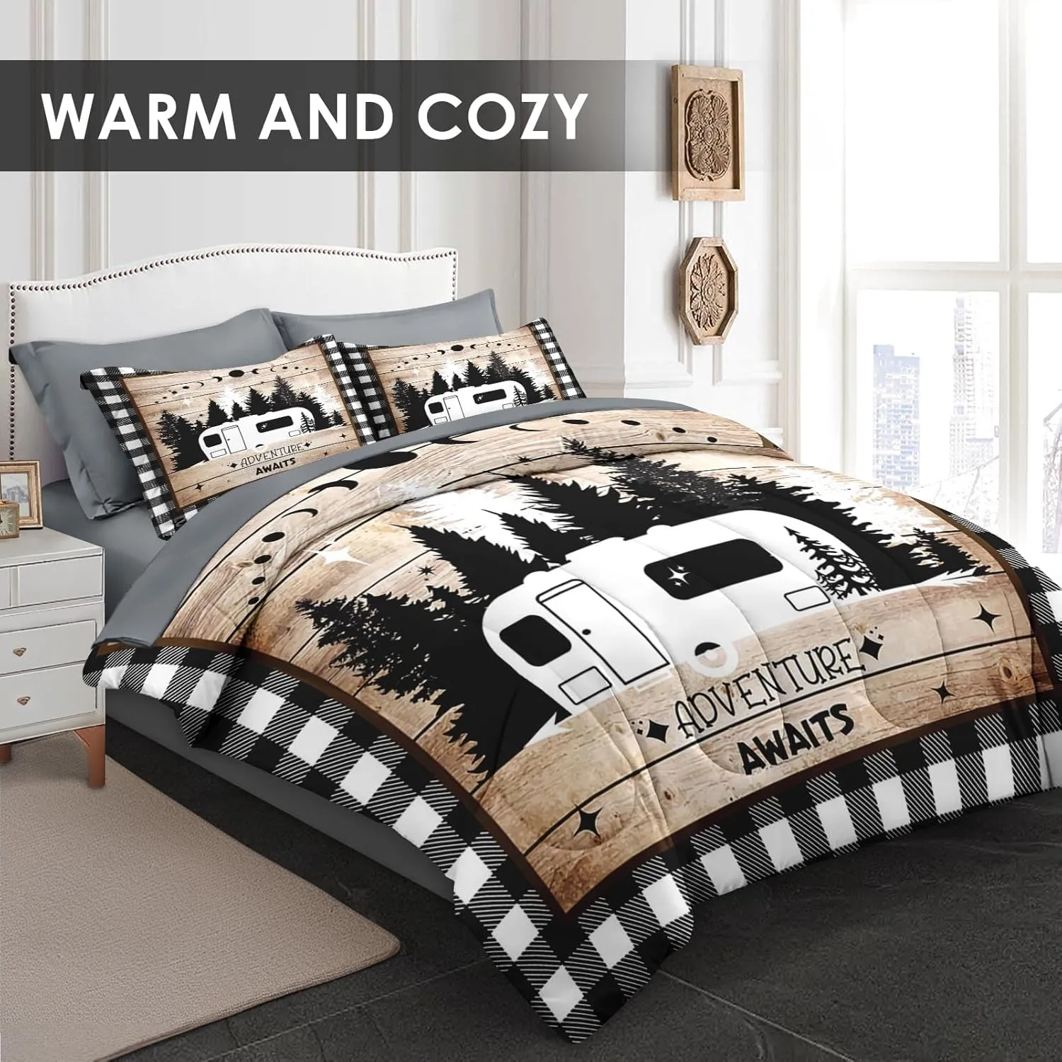 Comforter Set Twin Size, Camping Camper Rv 5 Pcs Bedding for Kids and Adults, Truck Car Family Bed Sheet Sets with Fitted Sheet Pillowcase & Sham for Bedroom Bed Decor