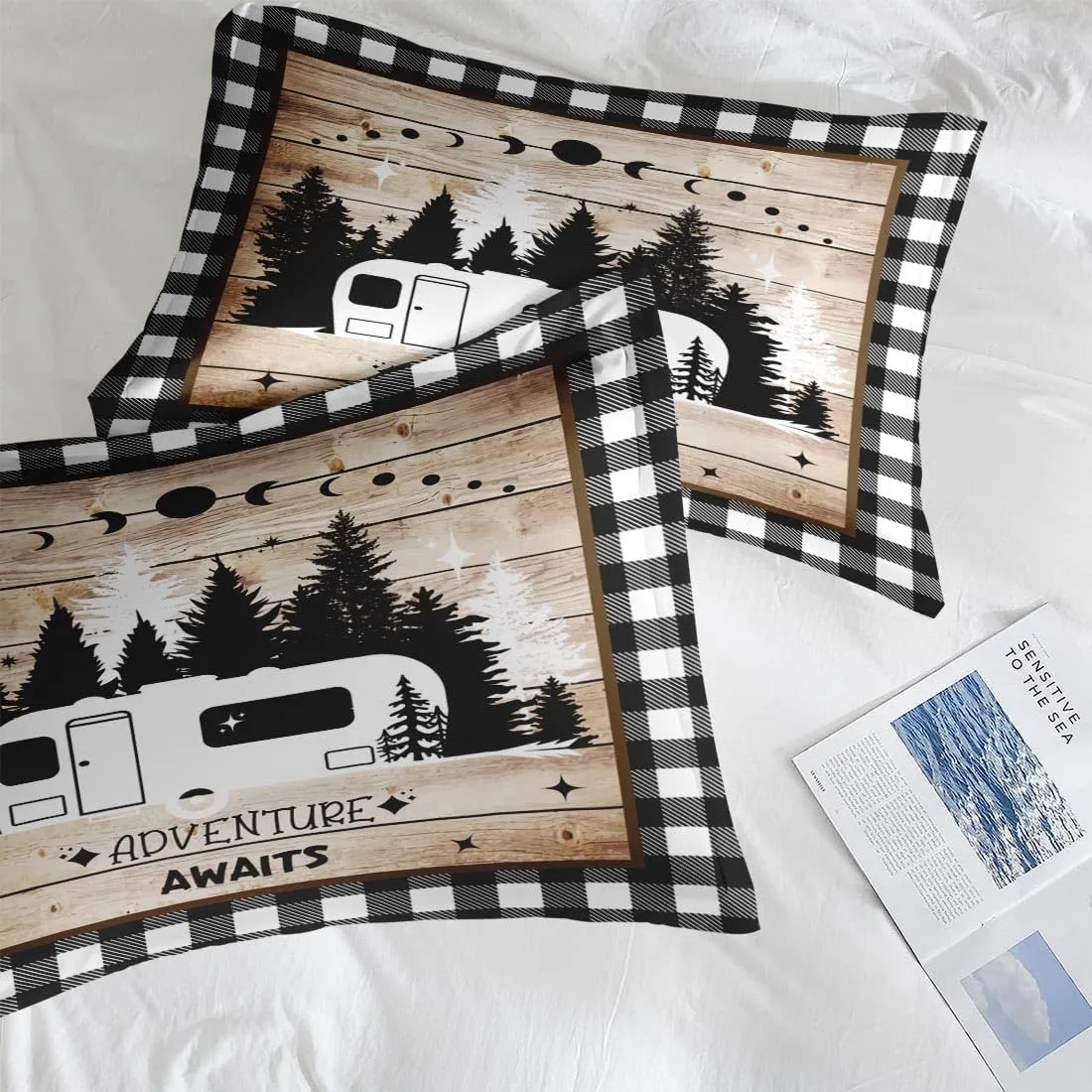 Comforter Set Twin Size, Camping Camper Rv 5 Pcs Bedding for Kids and Adults, Truck Car Family Bed Sheet Sets with Fitted Sheet Pillowcase & Sham for Bedroom Bed Decor