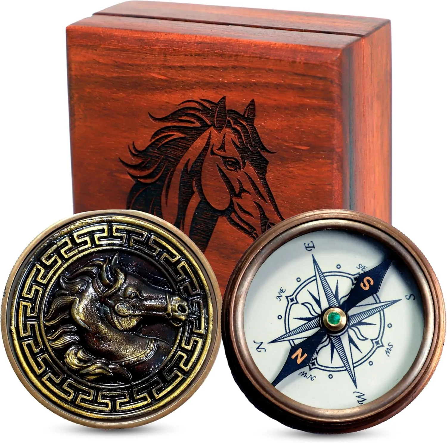 Compass -2 Inches with Wooden Storage Box – Detailed Horse Engraving on Both Compass and Box – Ideal for Collectors and Gifts