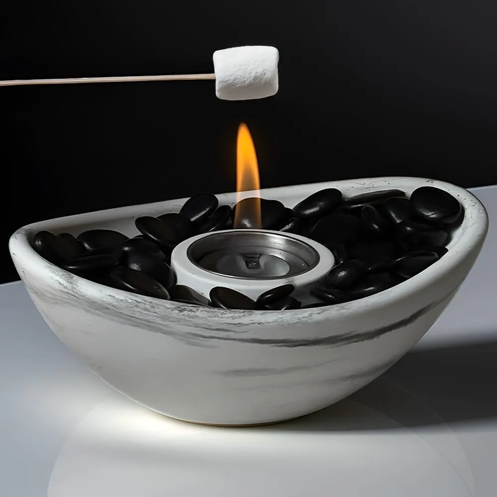 Concrete Tabletop Fire Pit, Extended Burn Time, Portable Indoor Fireplace and Smores Maker, Suitable for Indoor and Outdoor Use (White Marble)