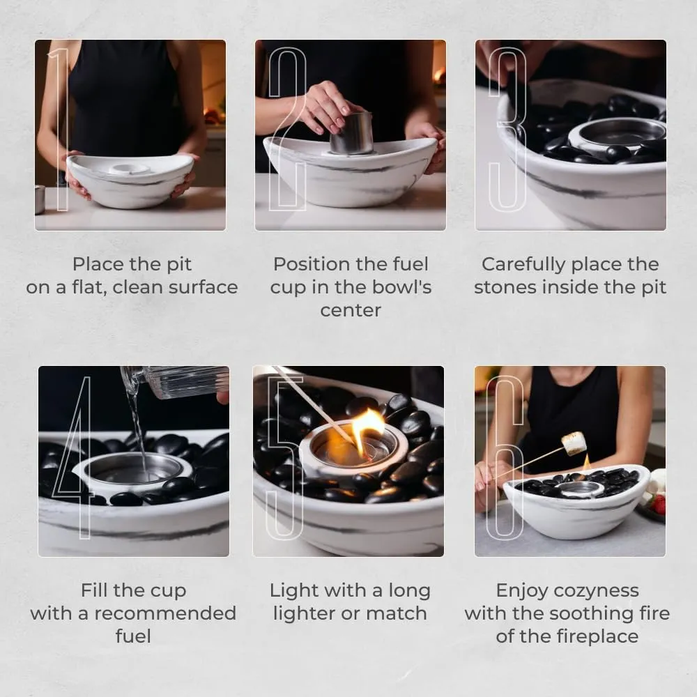 Concrete Tabletop Fire Pit, Extended Burn Time, Portable Indoor Fireplace and Smores Maker, Suitable for Indoor and Outdoor Use (White Marble)