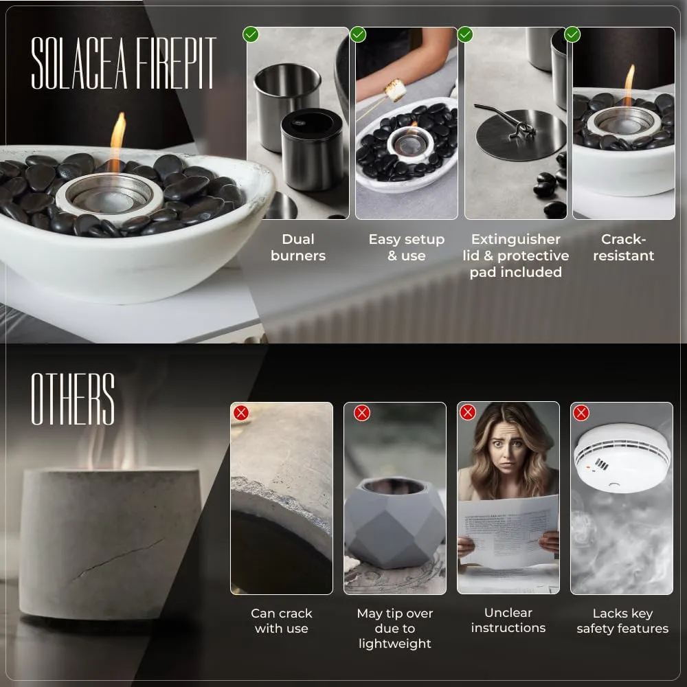 Concrete Tabletop Fire Pit, Extended Burn Time, Portable Indoor Fireplace and Smores Maker, Suitable for Indoor and Outdoor Use (White Marble)