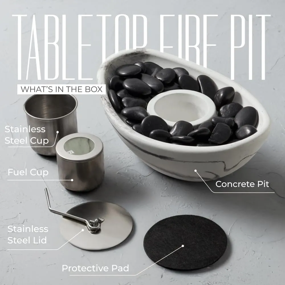 Concrete Tabletop Fire Pit, Extended Burn Time, Portable Indoor Fireplace and Smores Maker, Suitable for Indoor and Outdoor Use (White Marble)