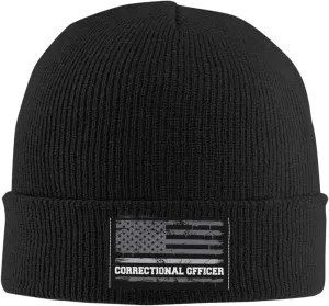 Corrections Officer Thin Silver Line American Flag Unisex Four Seasons Knitted Hat Winter Warm Hats Hats for Men Women One Size