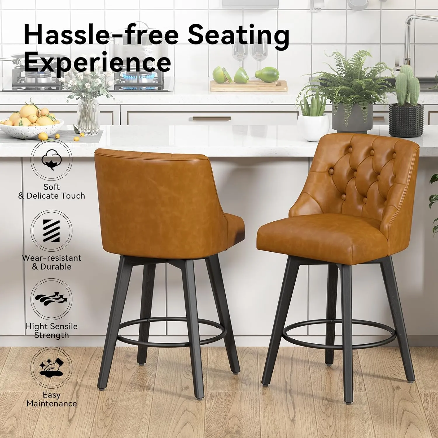 Counter Height Swivel Bar Stools Set of 2, 26 Inch Bar Stools with Footrest, Faux Leather Upholstered Barstools with Back and Solid Wood Legs for Kitchen Island, Dining Room, Pub,Brown