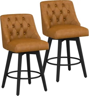 Counter Height Swivel Bar Stools Set of 2, 26 Inch Bar Stools with Footrest, Faux Leather Upholstered Barstools with Back and Solid Wood Legs for Kitchen Island, Dining Room, Pub,Brown