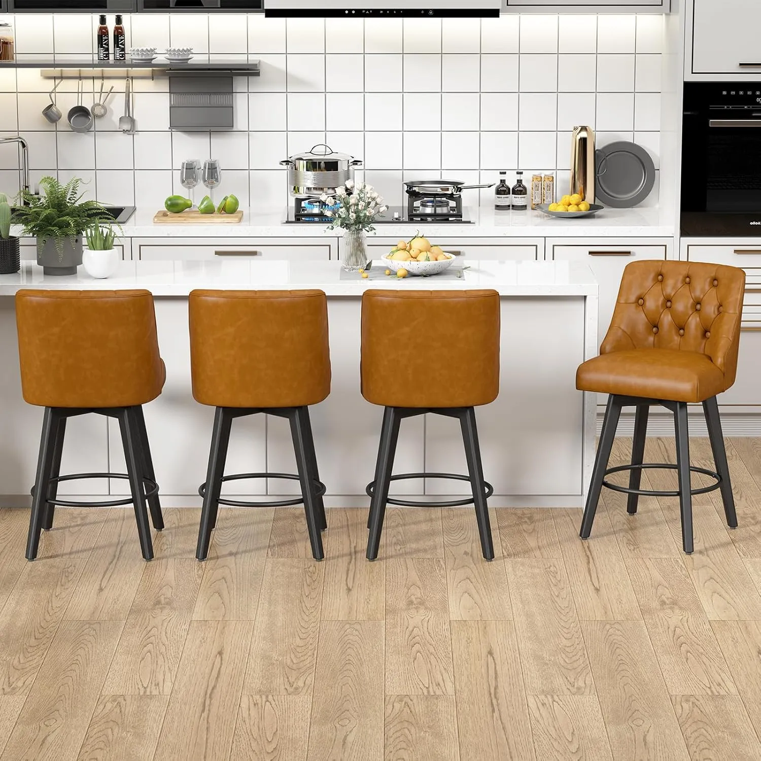 Counter Height Swivel Bar Stools Set of 2, 26 Inch Bar Stools with Footrest, Faux Leather Upholstered Barstools with Back and Solid Wood Legs for Kitchen Island, Dining Room, Pub,Brown