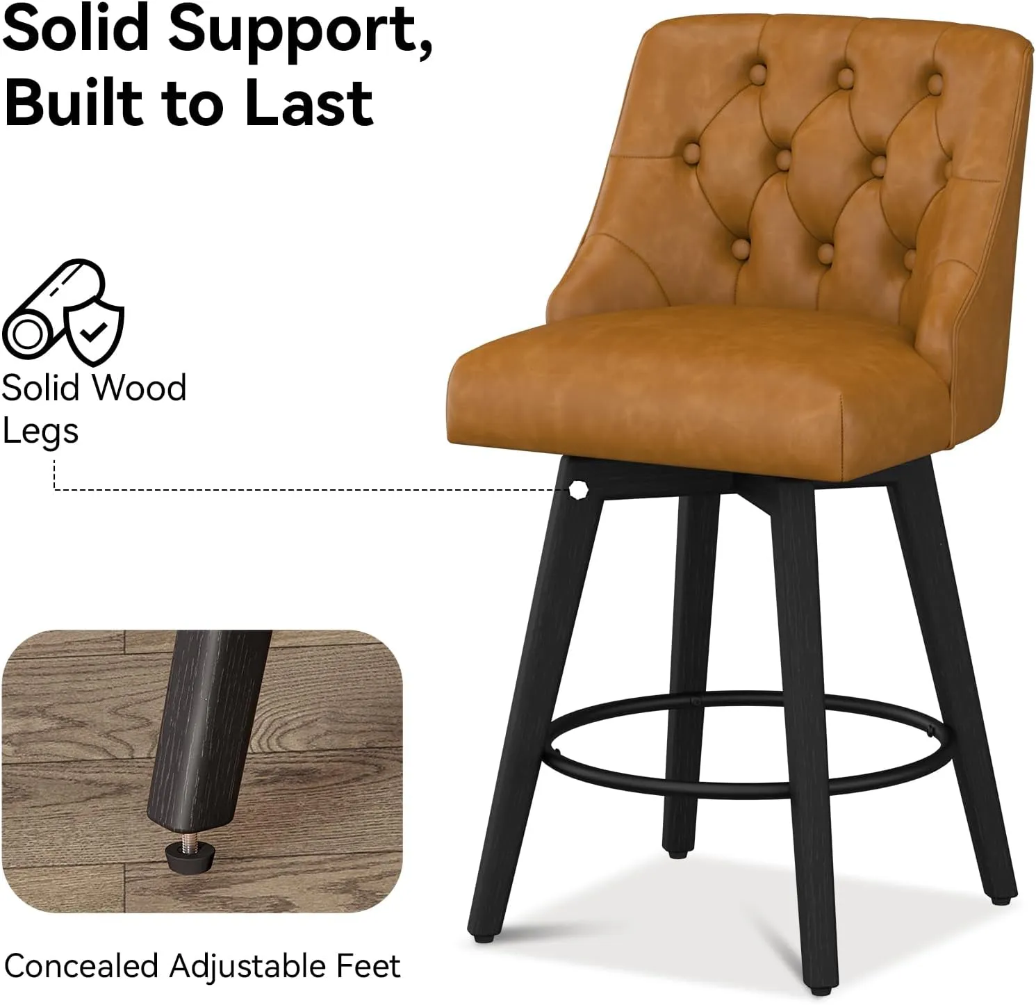 Counter Height Swivel Bar Stools Set of 2, 26 Inch Bar Stools with Footrest, Faux Leather Upholstered Barstools with Back and Solid Wood Legs for Kitchen Island, Dining Room, Pub,Brown