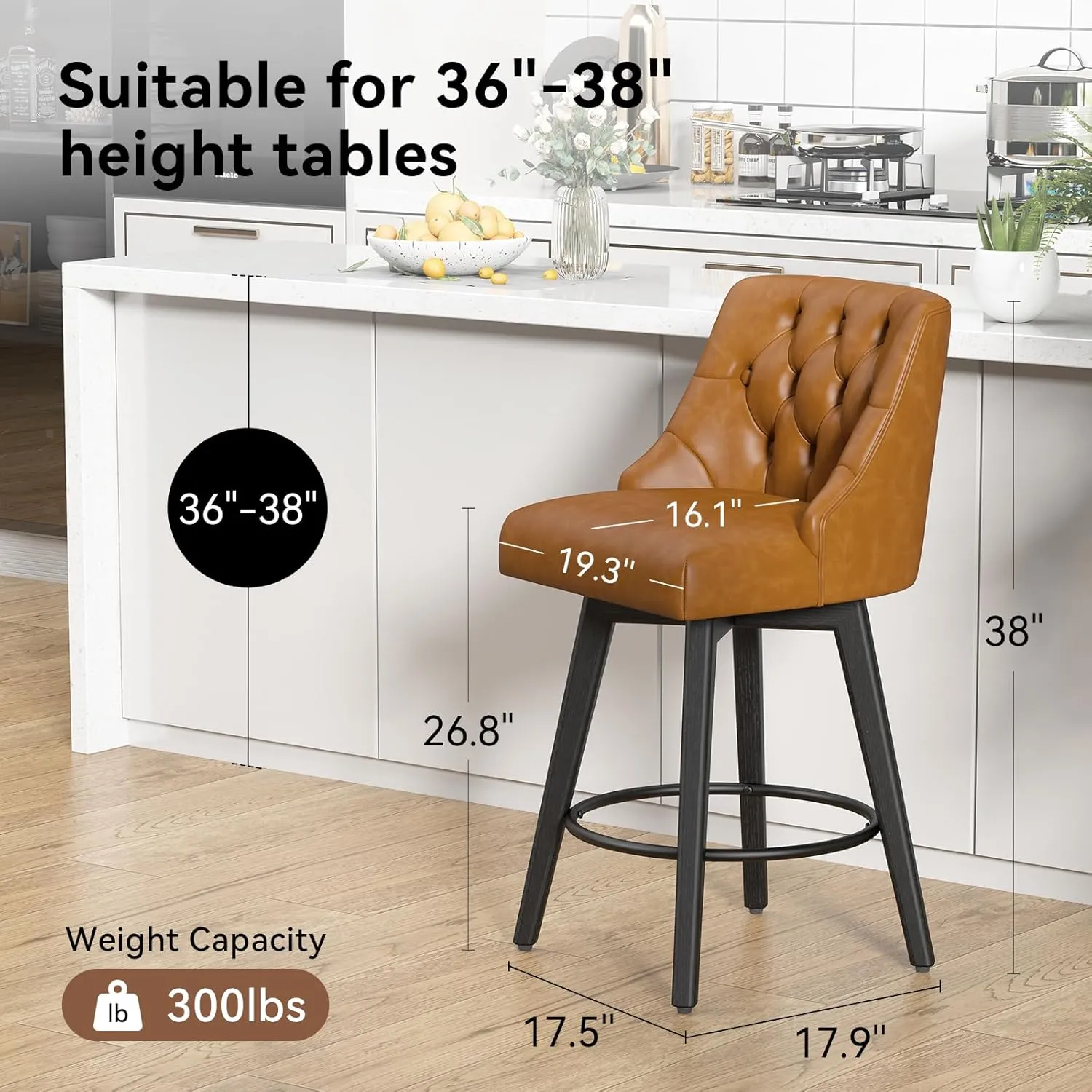 Counter Height Swivel Bar Stools Set of 2, 26 Inch Bar Stools with Footrest, Faux Leather Upholstered Barstools with Back and Solid Wood Legs for Kitchen Island, Dining Room, Pub,Brown