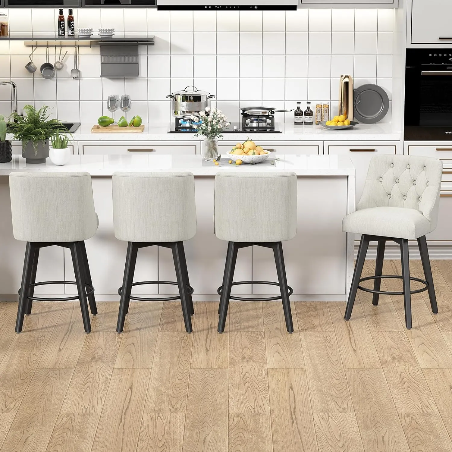 Counter Height Swivel Bar Stools Set of 2, 26.8 Inch Bar Stools with Footrest, Linen Fabric Upholstered Barstools with Back and Solid Wood Legs for Kitchen Island, Dining Room, Pub,White