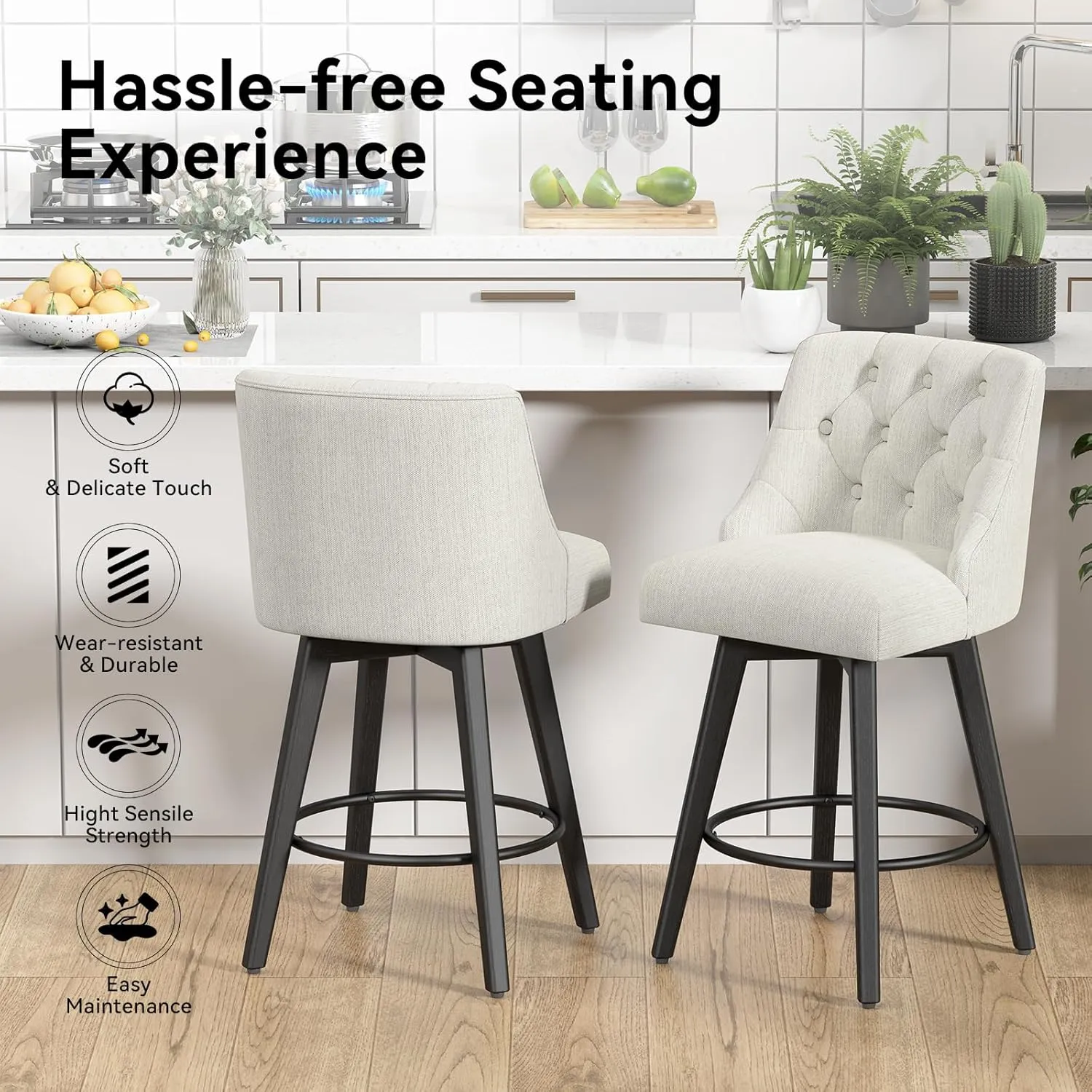 Counter Height Swivel Bar Stools Set of 2, 26.8 Inch Bar Stools with Footrest, Linen Fabric Upholstered Barstools with Back and Solid Wood Legs for Kitchen Island, Dining Room, Pub,White