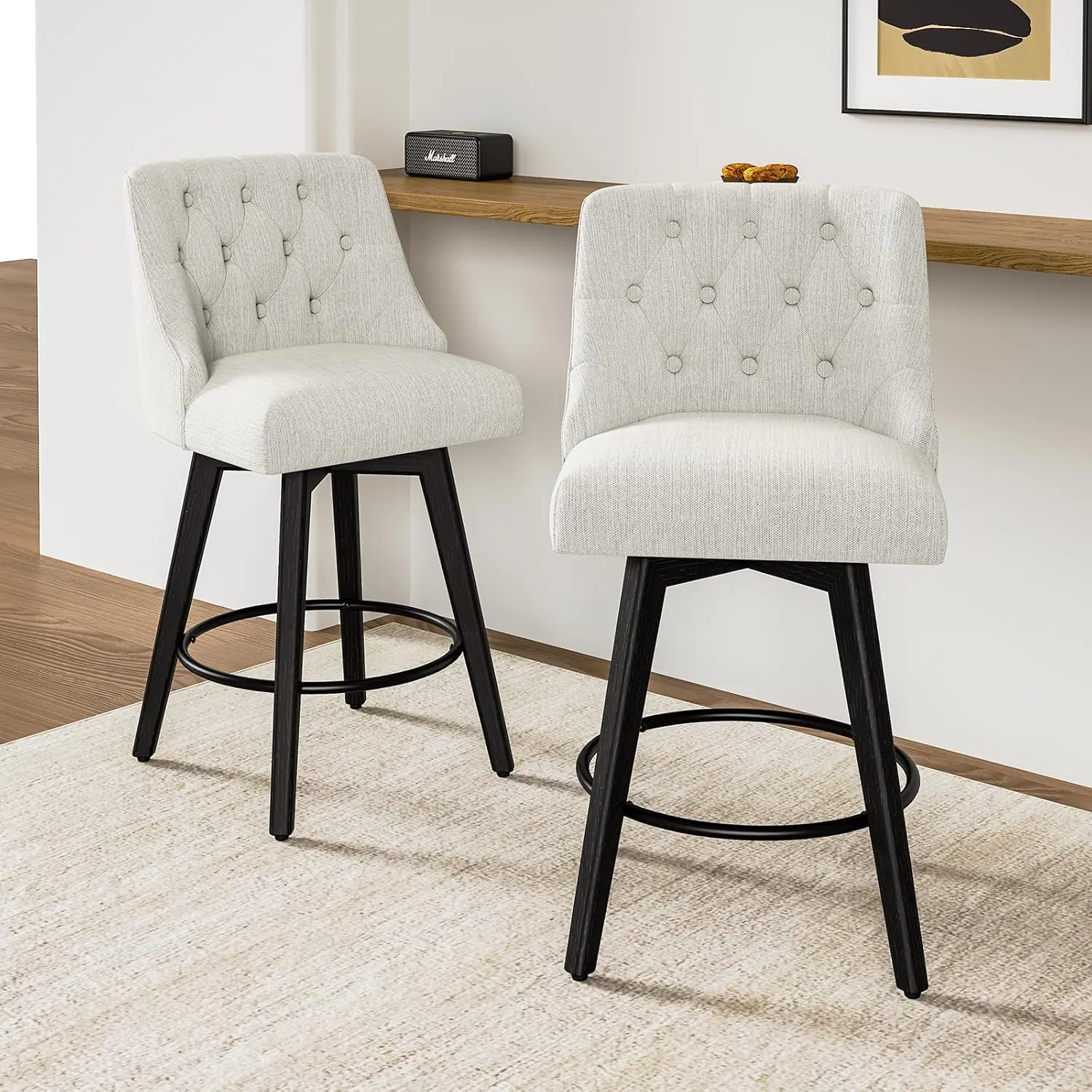 Counter Height Swivel Bar Stools Set of 2, 26.8 Inch Bar Stools with Footrest, Linen Fabric Upholstered Barstools with Back and Solid Wood Legs for Kitchen Island, Dining Room, Pub,White