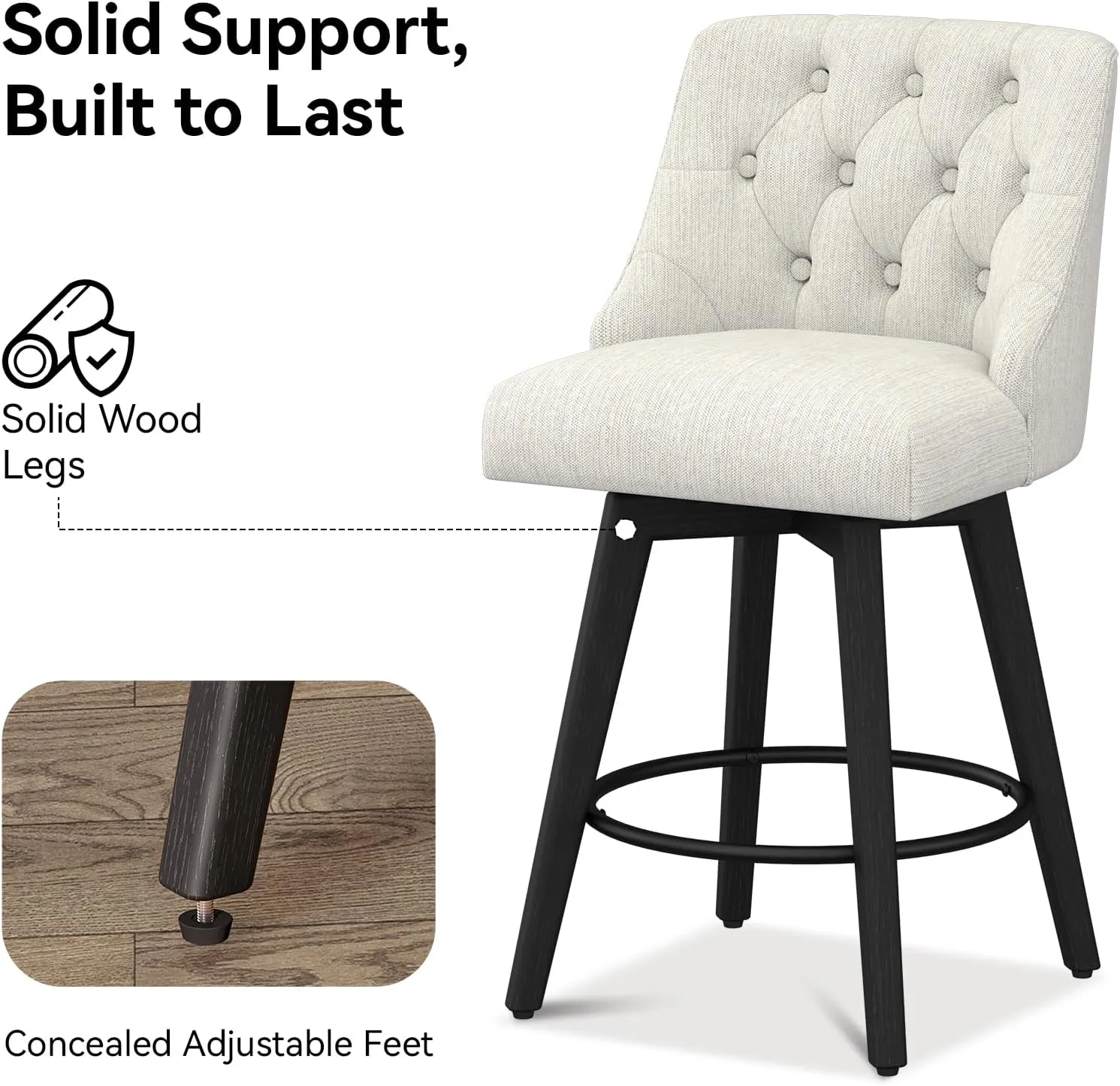 Counter Height Swivel Bar Stools Set of 2, 26.8 Inch Bar Stools with Footrest, Linen Fabric Upholstered Barstools with Back and Solid Wood Legs for Kitchen Island, Dining Room, Pub,White