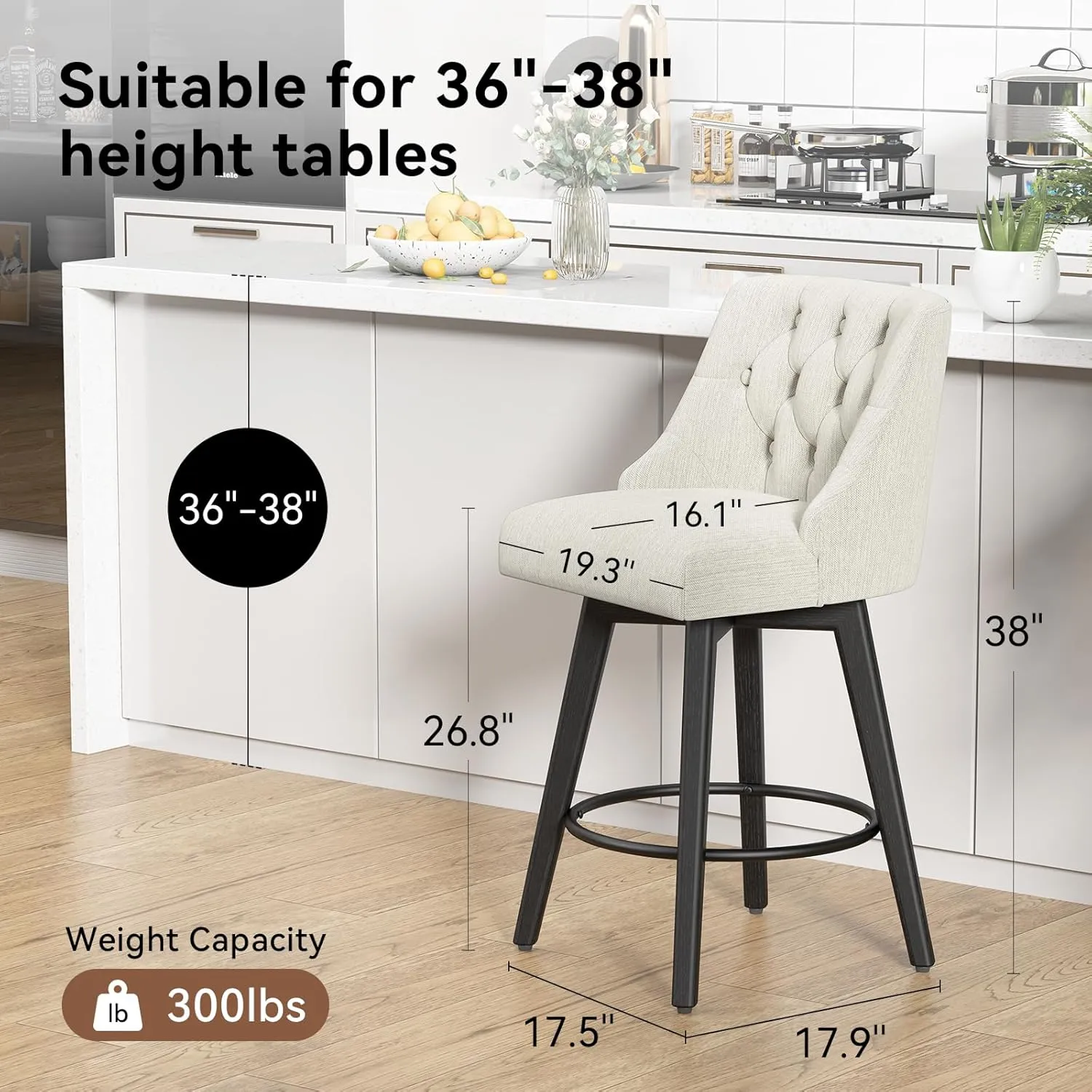 Counter Height Swivel Bar Stools Set of 2, 26.8 Inch Bar Stools with Footrest, Linen Fabric Upholstered Barstools with Back and Solid Wood Legs for Kitchen Island, Dining Room, Pub,White