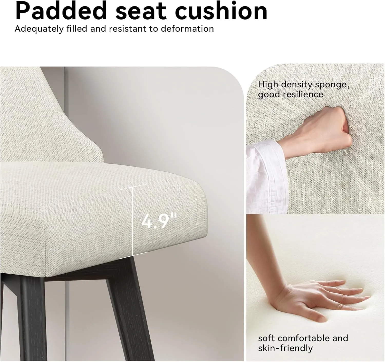 Counter Height Swivel Bar Stools Set of 2, 26.8 Inch Bar Stools with Footrest, Linen Fabric Upholstered Barstools with Back and Solid Wood Legs for Kitchen Island, Dining Room, Pub,White