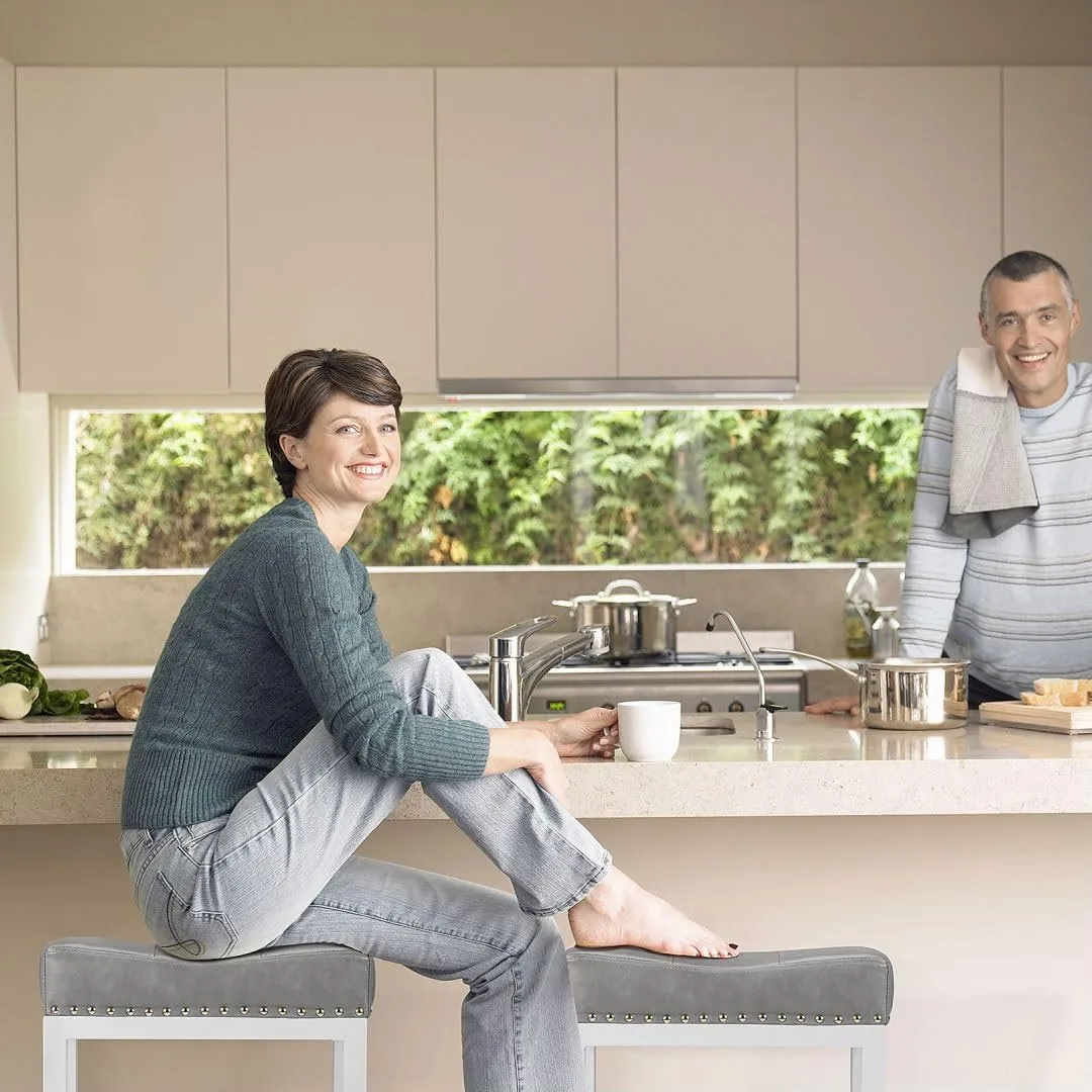 Counter Stools Set of 2 Upholstered Counter Height Bar Stools with Padded Seats and Metal Base, Leather Saddle Stool for Modern Kitchen Island, 22.4-Inch, Grey