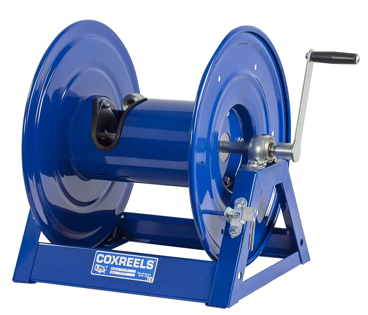 Coxreels 1125-4-200 Hand Crank Steel Hose Reel, 1125 Series - ½” x 200’, 3,000 PSI - Heavy Duty All Welded Steel A Frame - Adjustable Tension Break – Made in the USA, Blue