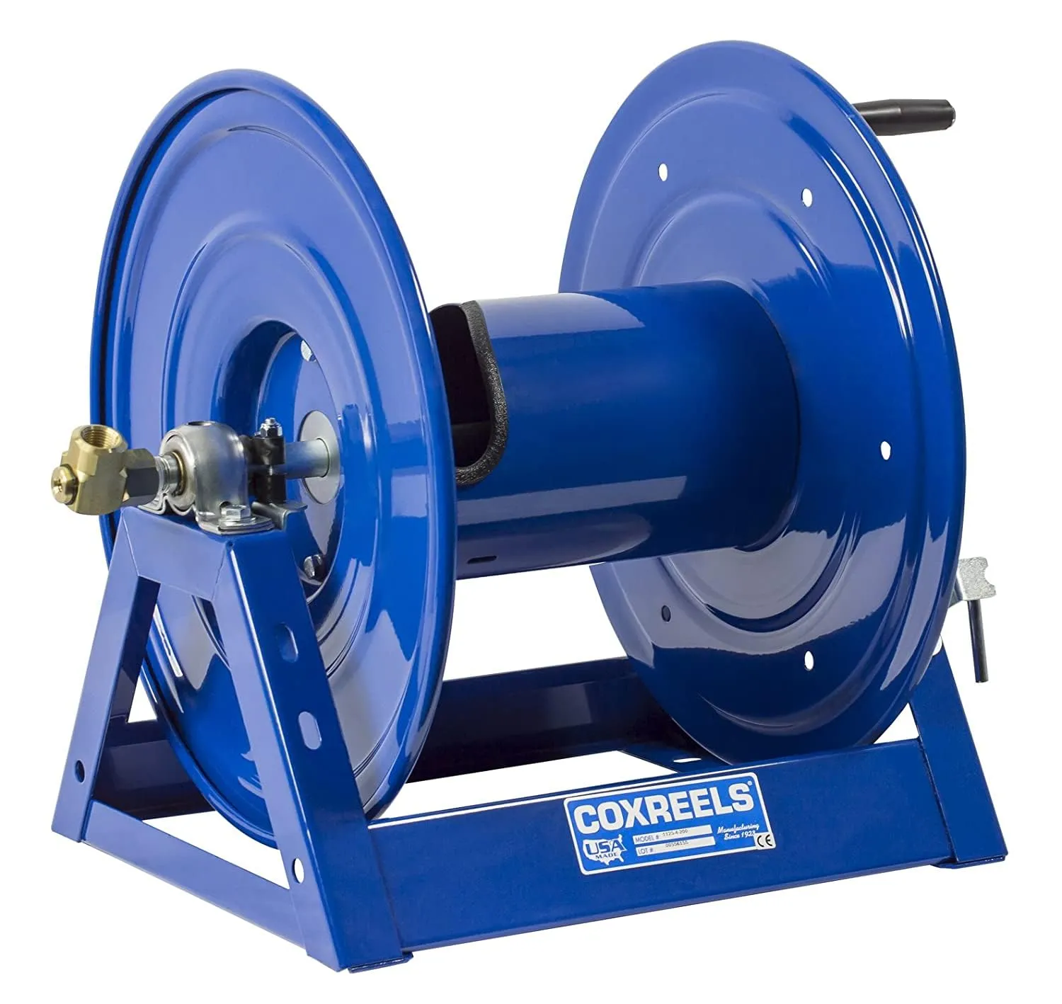 Coxreels 1125-4-200 Hand Crank Steel Hose Reel, 1125 Series - ½” x 200’, 3,000 PSI - Heavy Duty All Welded Steel A Frame - Adjustable Tension Break – Made in the USA, Blue