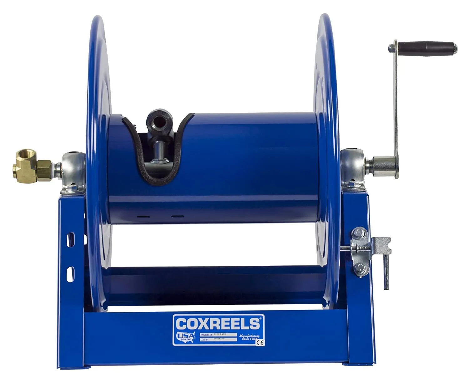 Coxreels 1125-4-200 Hand Crank Steel Hose Reel, 1125 Series - ½” x 200’, 3,000 PSI - Heavy Duty All Welded Steel A Frame - Adjustable Tension Break – Made in the USA, Blue