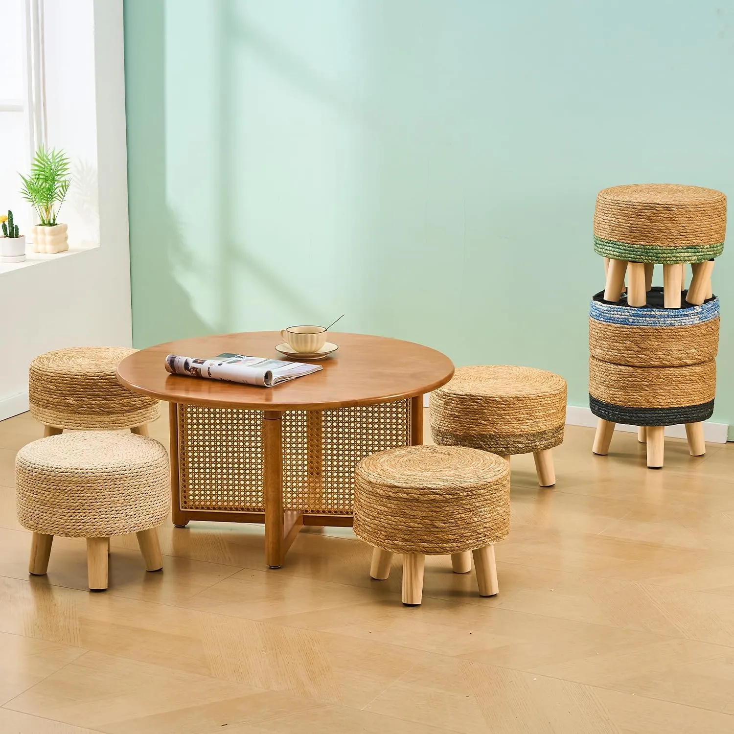 Cpintltr Ottoman Natural Seagrass Footrest Poufs Hand Weave Round Foot Stool for Couch Desk Soft Step Stool Padded Foot Rest with Pine Legs for Living Room Bedroom (Natural White)