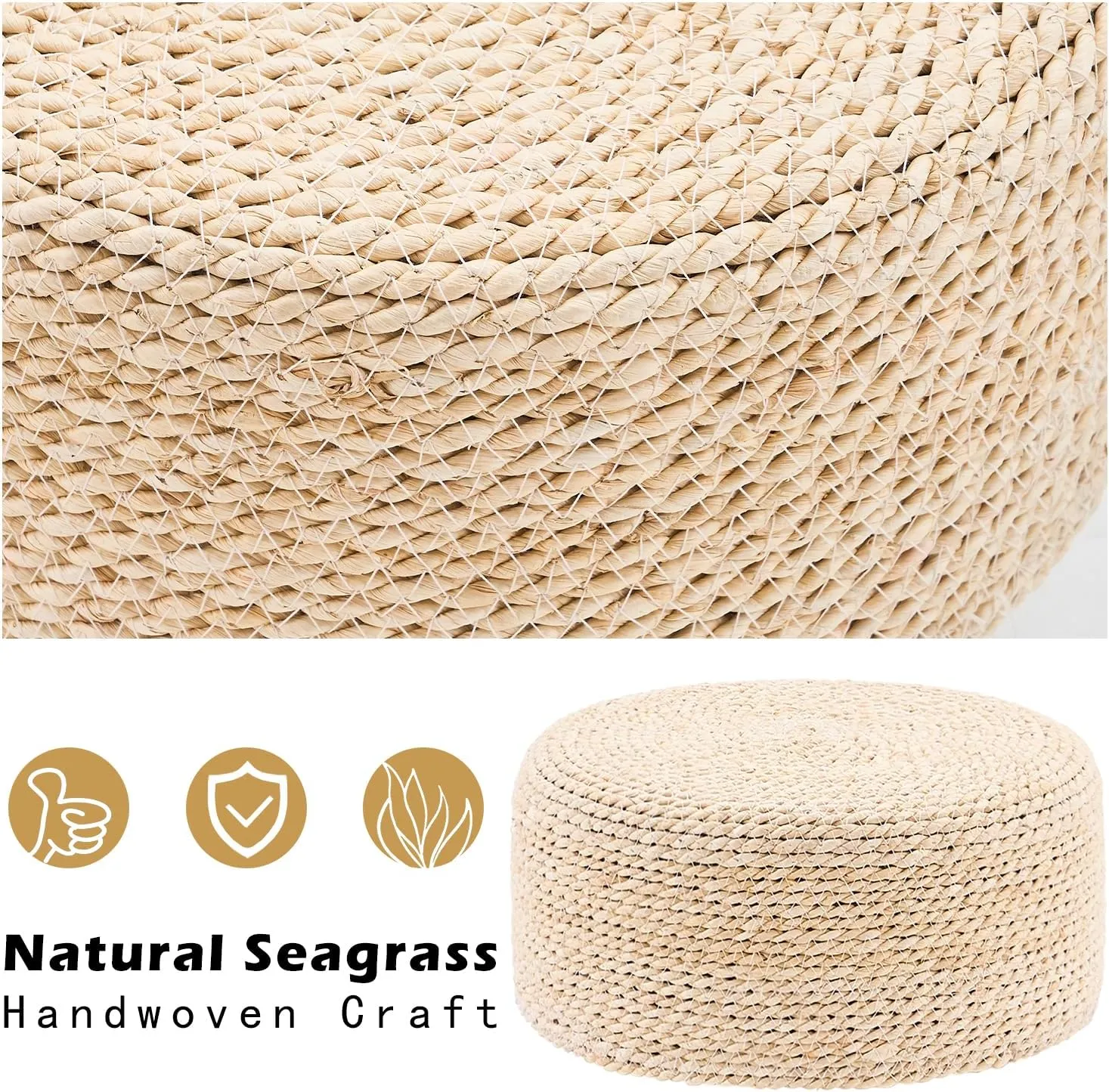 Cpintltr Ottoman Natural Seagrass Footrest Poufs Hand Weave Round Foot Stool for Couch Desk Soft Step Stool Padded Foot Rest with Pine Legs for Living Room Bedroom (Natural White)
