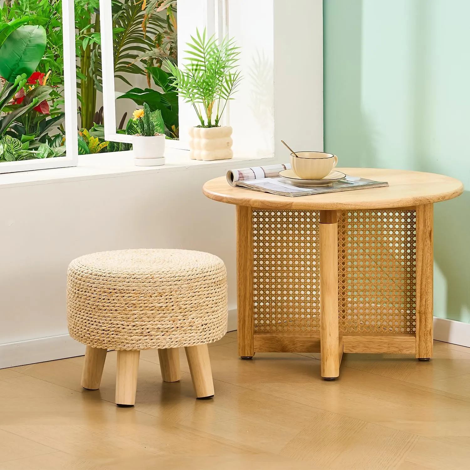Cpintltr Ottoman Natural Seagrass Footrest Poufs Hand Weave Round Foot Stool for Couch Desk Soft Step Stool Padded Foot Rest with Pine Legs for Living Room Bedroom (Natural White)