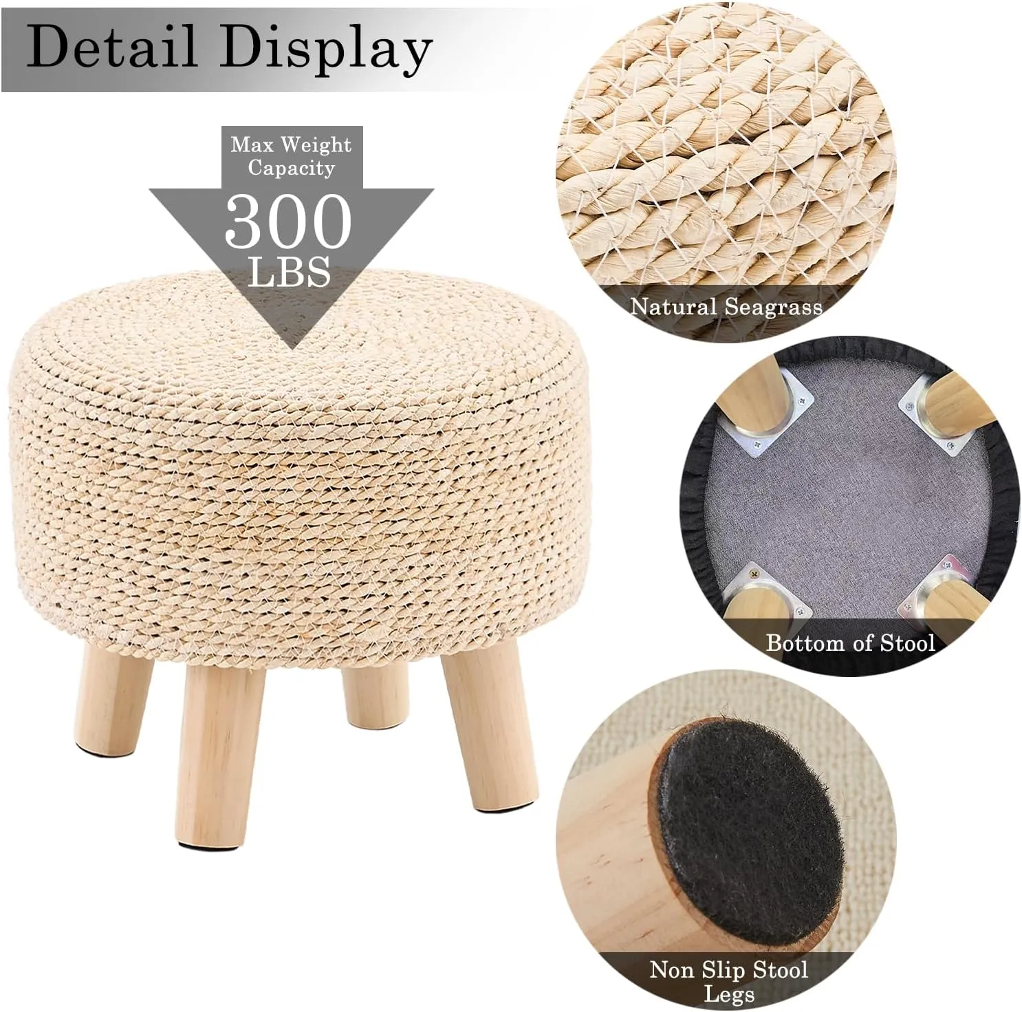 Cpintltr Ottoman Natural Seagrass Footrest Poufs Hand Weave Round Foot Stool for Couch Desk Soft Step Stool Padded Foot Rest with Pine Legs for Living Room Bedroom (Natural White)