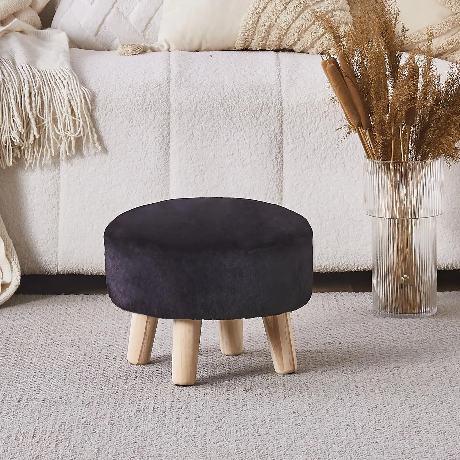 Cpintltr Round Footstool Ottoman Rabbit Wool Mushroom Stool Solid Wood Stool Small Upholstered Ottoman Shoe Changing Foot Stool Step Stool Sofa Footrest Stool for Living Room (Black)