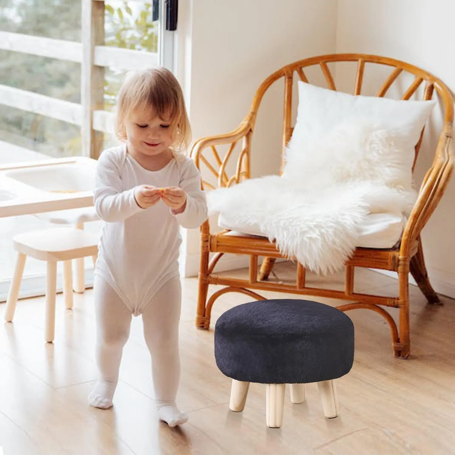 Cpintltr Round Footstool Ottoman Rabbit Wool Mushroom Stool Solid Wood Stool Small Upholstered Ottoman Shoe Changing Foot Stool Step Stool Sofa Footrest Stool for Living Room (Black)