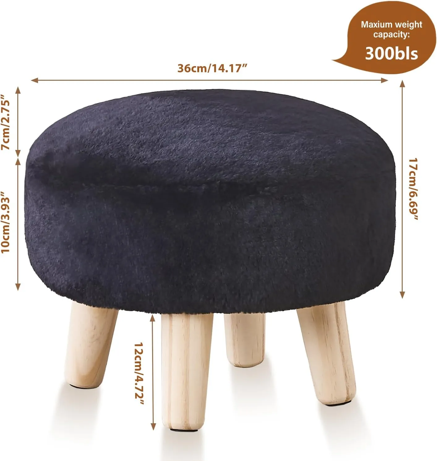 Cpintltr Round Footstool Ottoman Rabbit Wool Mushroom Stool Solid Wood Stool Small Upholstered Ottoman Shoe Changing Foot Stool Step Stool Sofa Footrest Stool for Living Room (Black)