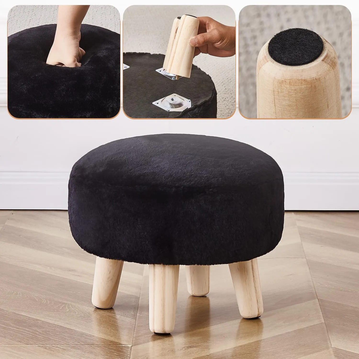 Cpintltr Round Footstool Ottoman Rabbit Wool Mushroom Stool Solid Wood Stool Small Upholstered Ottoman Shoe Changing Foot Stool Step Stool Sofa Footrest Stool for Living Room (Black)