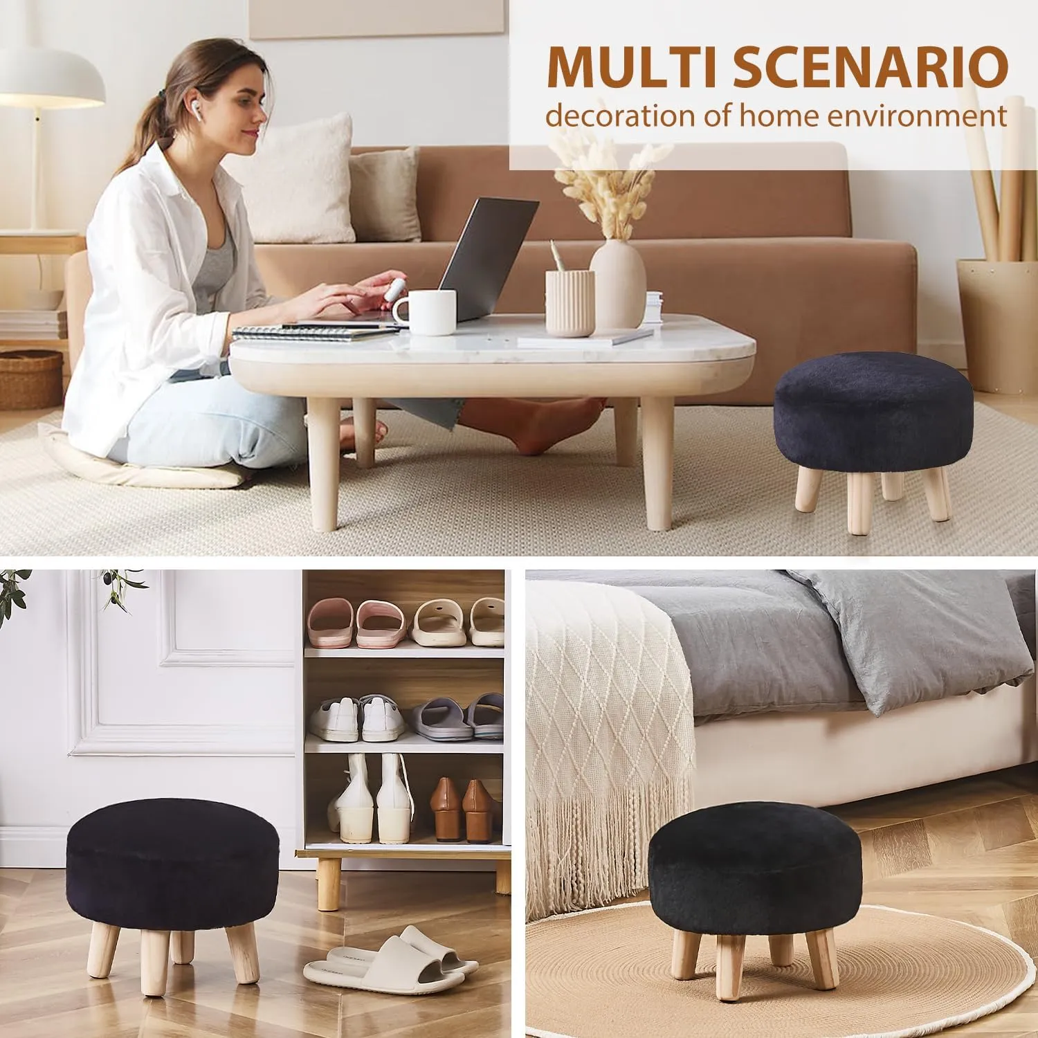 Cpintltr Round Footstool Ottoman Rabbit Wool Mushroom Stool Solid Wood Stool Small Upholstered Ottoman Shoe Changing Foot Stool Step Stool Sofa Footrest Stool for Living Room (Black)