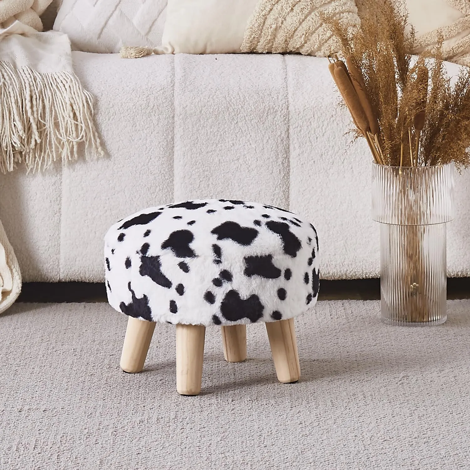 Cpintltr Round Footstool Ottoman Rabbit Wool Mushroom Stool Solid Wood Stool Small Upholstered Ottoman Shoe Changing Foot Stool Step Stool Sofa Footrest Stool for Living Room (Cow Print)