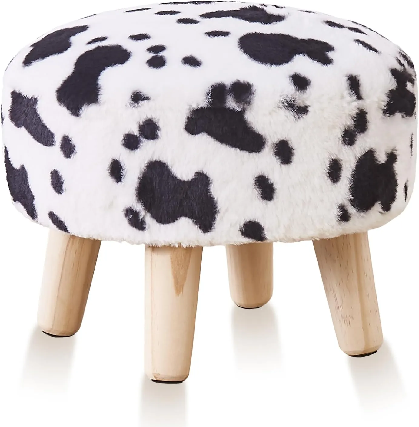 Cpintltr Round Footstool Ottoman Rabbit Wool Mushroom Stool Solid Wood Stool Small Upholstered Ottoman Shoe Changing Foot Stool Step Stool Sofa Footrest Stool for Living Room (Cow Print)