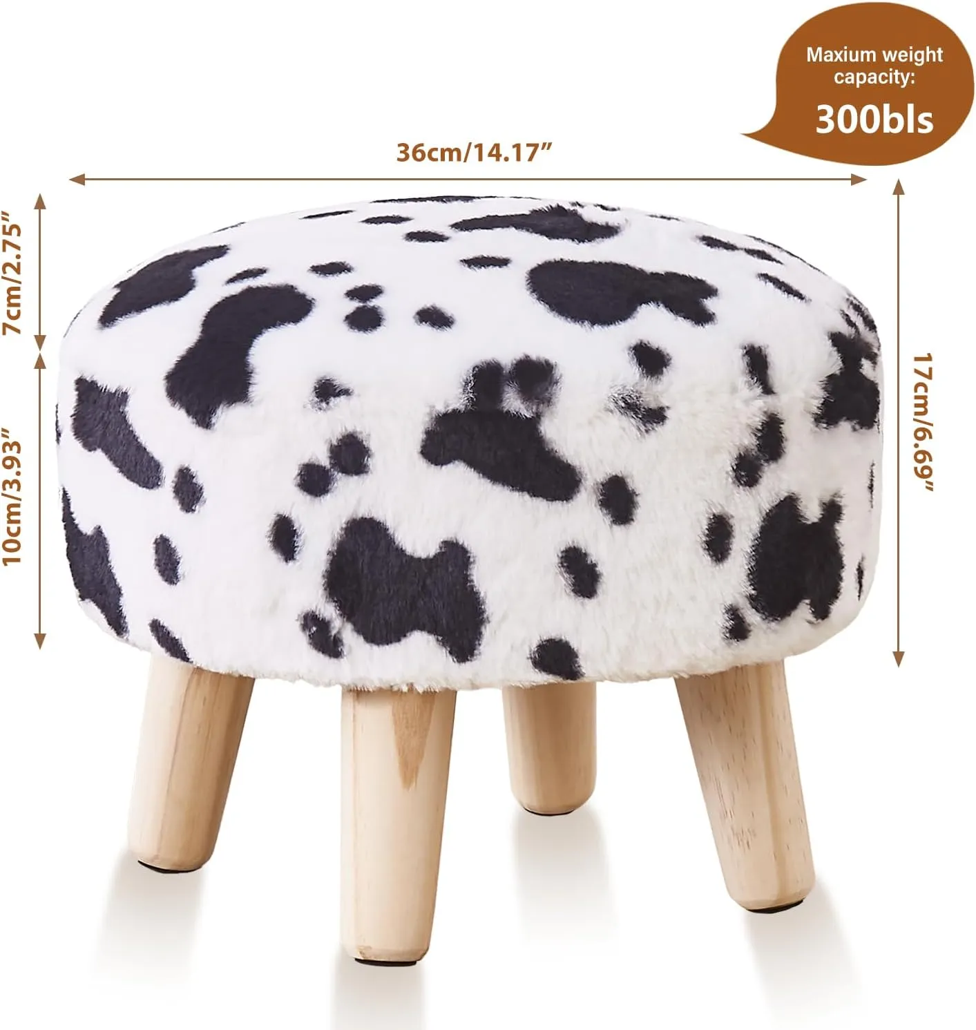 Cpintltr Round Footstool Ottoman Rabbit Wool Mushroom Stool Solid Wood Stool Small Upholstered Ottoman Shoe Changing Foot Stool Step Stool Sofa Footrest Stool for Living Room (Cow Print)
