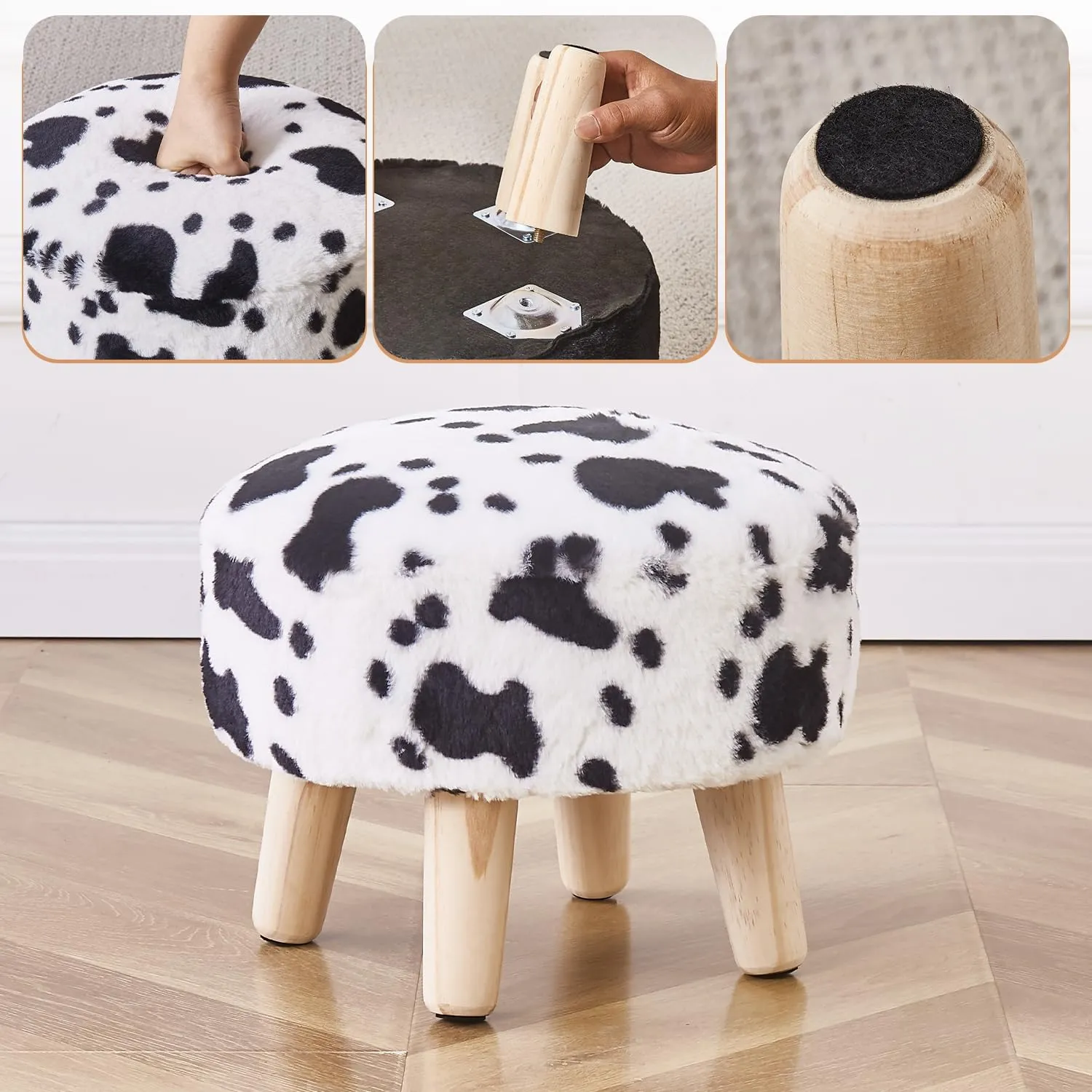 Cpintltr Round Footstool Ottoman Rabbit Wool Mushroom Stool Solid Wood Stool Small Upholstered Ottoman Shoe Changing Foot Stool Step Stool Sofa Footrest Stool for Living Room (Cow Print)