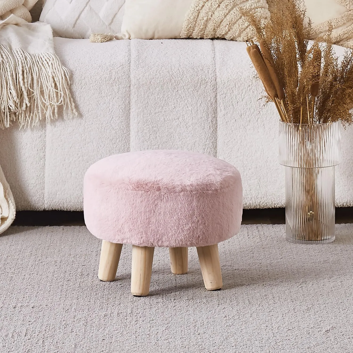 Cpintltr Round Footstool Ottoman Rabbit Wool Mushroom Stool Solid Wood Stool Small Upholstered Ottoman Shoe Changing Foot Stool Step Stool Sofa Footrest Stool for Living Room (Pink)