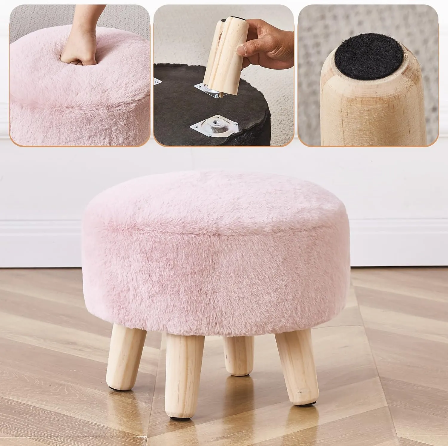 Cpintltr Round Footstool Ottoman Rabbit Wool Mushroom Stool Solid Wood Stool Small Upholstered Ottoman Shoe Changing Foot Stool Step Stool Sofa Footrest Stool for Living Room (Pink)