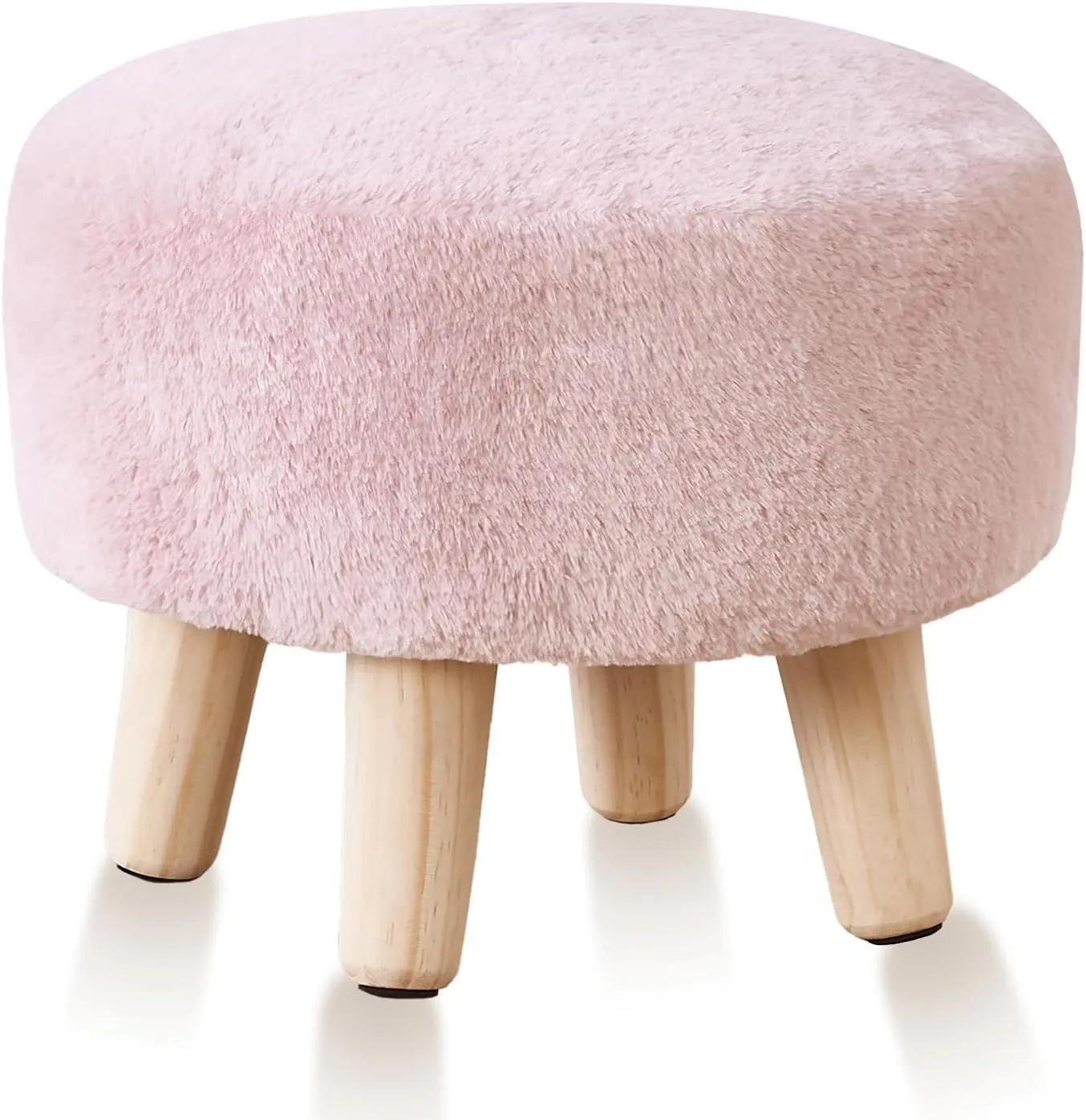 Cpintltr Round Footstool Ottoman Rabbit Wool Mushroom Stool Solid Wood Stool Small Upholstered Ottoman Shoe Changing Foot Stool Step Stool Sofa Footrest Stool for Living Room (Pink)