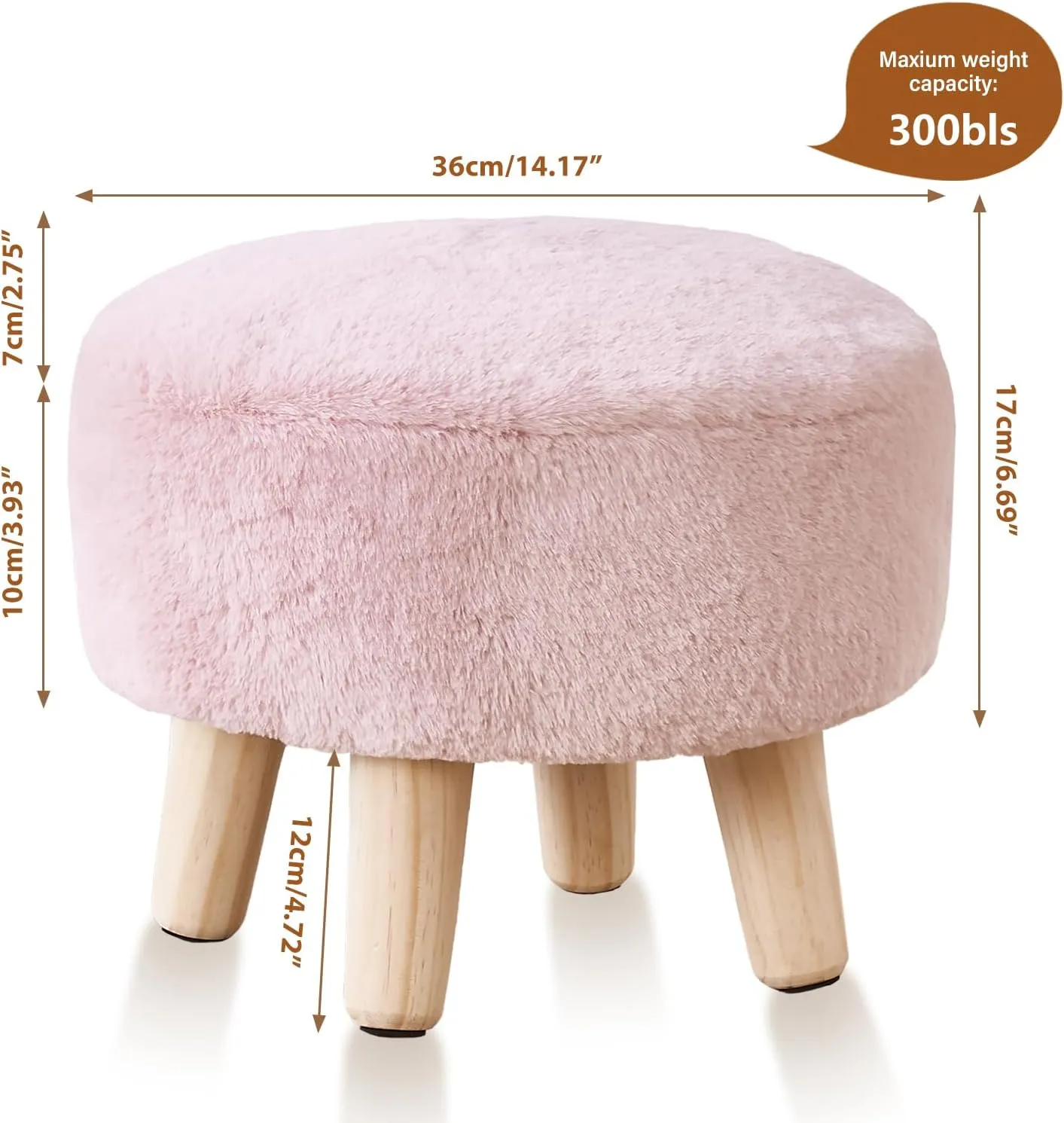 Cpintltr Round Footstool Ottoman Rabbit Wool Mushroom Stool Solid Wood Stool Small Upholstered Ottoman Shoe Changing Foot Stool Step Stool Sofa Footrest Stool for Living Room (Pink)