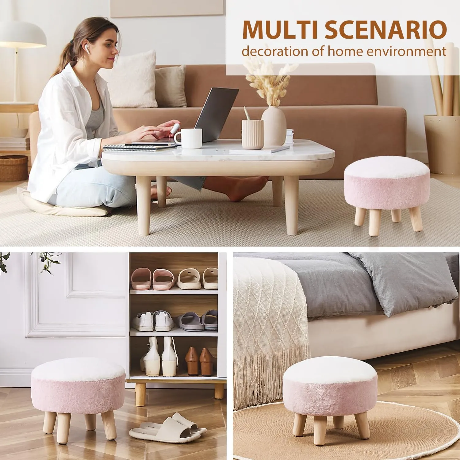 Cpintltr Round Footstool Ottoman Rabbit Wool Mushroom Stool Solid Wood Stool Small Upholstered Ottoman Shoe Changing Foot Stool Step Stool Sofa Footrest Stool for Living Room (Pink)