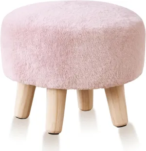 Cpintltr Round Footstool Ottoman Rabbit Wool Mushroom Stool Solid Wood Stool Small Upholstered Ottoman Shoe Changing Foot Stool Step Stool Sofa Footrest Stool for Living Room (Pink)