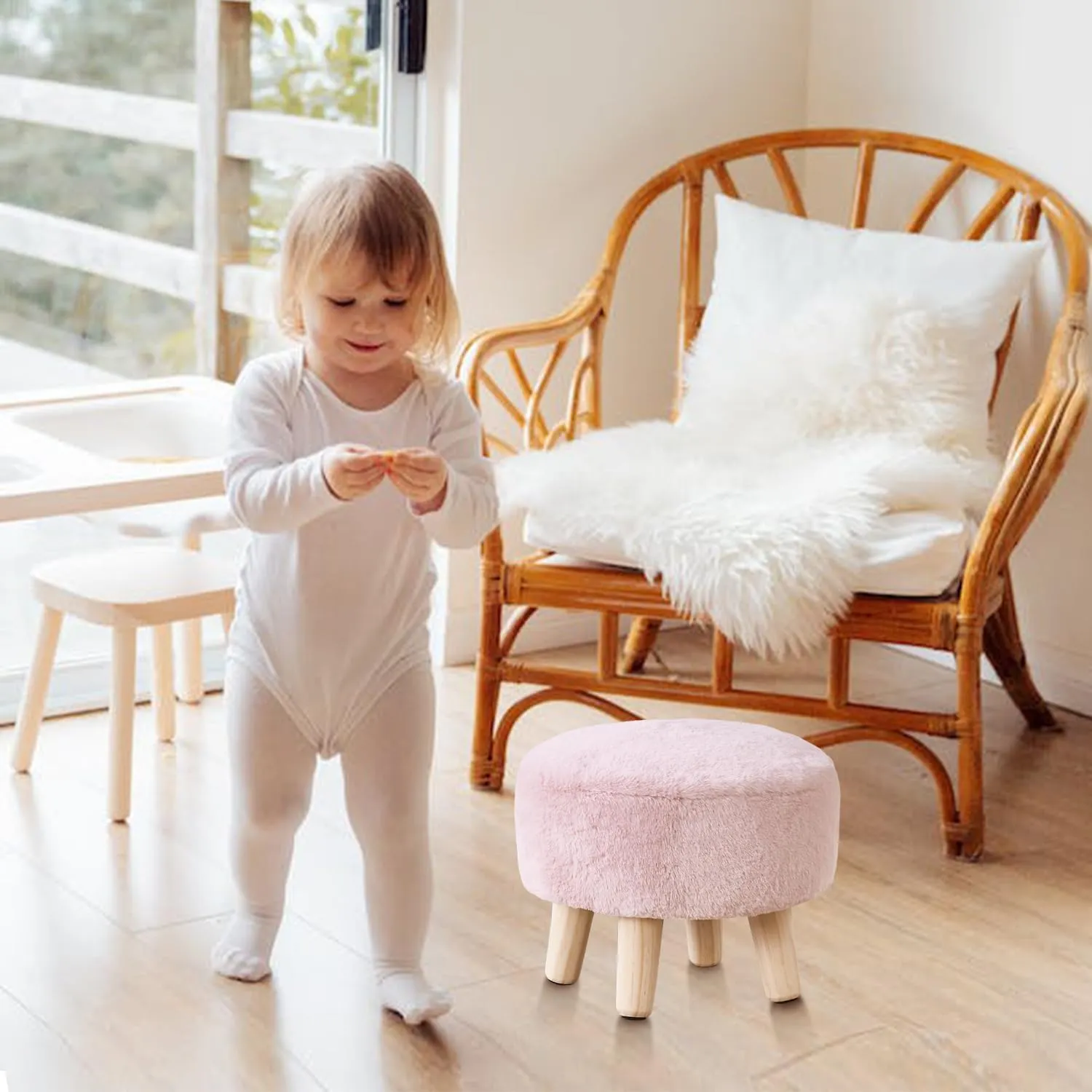 Cpintltr Round Footstool Ottoman Rabbit Wool Mushroom Stool Solid Wood Stool Small Upholstered Ottoman Shoe Changing Foot Stool Step Stool Sofa Footrest Stool for Living Room (Pink)