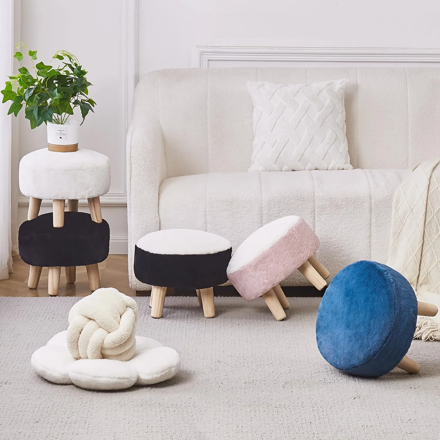 Cpintltr Round Footstool Ottoman Rabbit Wool Mushroom Stool Solid Wood Stool Small Upholstered Ottoman Shoe Changing Foot Stool Step Stool Sofa Footrest Stool for Living Room (Pink)